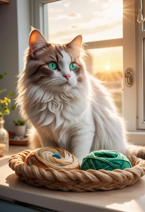 (medium full shot) of (graceful cat), mixed fur, rosetted, heterochromia (one blue eye, one green eye), tiny glasses, set in a tidy kitchen with a sunny window, a comfortable cat bed, and the smell of baking bread, during sunset, while playing with a ball of yarn, Masterpiece,best quality, photo, realistic, very aesthetic,