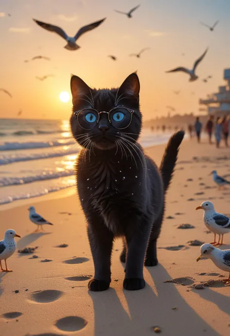 (medium full shot) of (cute cat), black fur, spotted, blue, tiny glasses, set in a lively beach with children playing, seagulls calling, and an energetic vibe , during sunset, while purring contentedly, Masterpiece,best quality, photo, realistic, very aesthetic,