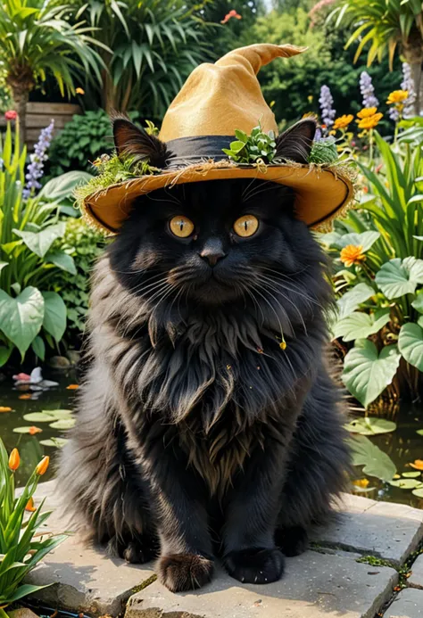 (medium full shot) of (fluffy cat), black fur, shaded, amber, fancy hat, set in a peaceful garden with a variety of plants, chirping birds, and a serene pond, while exploring a garden, Masterpiece,best quality, photo, realistic, very aesthetic,