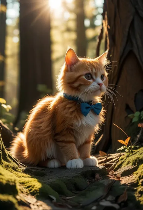 (medium full shot) of (adorable cat), orange fur, patched, blue, bow, set in an ancient forest with towering trees, mysterious shadows, and a sense of history, during sunset, while stalking a toy mouse, Masterpiece,best quality, photo, realistic, very aesthetic,