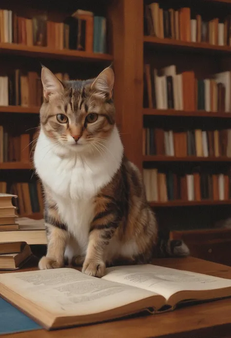 (medium full shot) of (graceful cat) with brown shaded fur, hazel eyes, purring contentedly, set in a serene study with a large desk, bookshelves filled with books, a soft carpet, ,Masterpiece,best quality, raw photo, realistic, very aesthetic