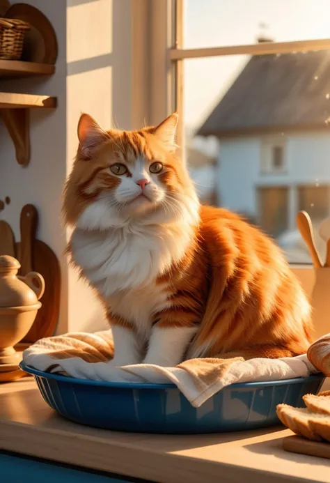 (medium full shot) of (charming cat), ginger fur, bicolor, blue, little cape, set in a tidy kitchen with a sunny window, a comfortable cat bed, and the smell of baking bread, during sunset, while grooming itself, Masterpiece,best quality, photo, realistic, very aesthetic,