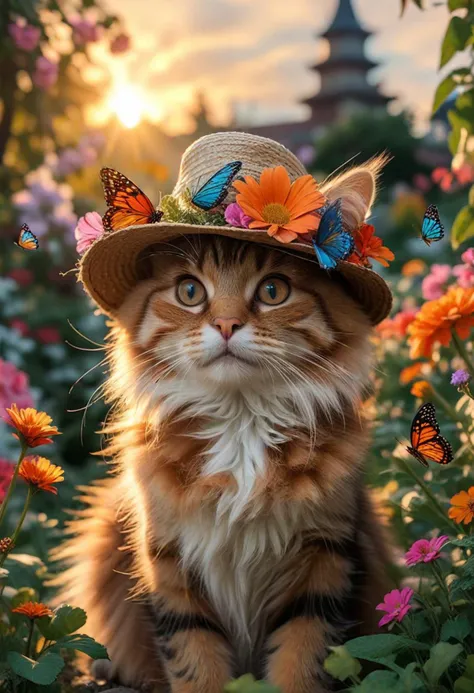 (medium full shot) of (fluffy cat), brown fur, marbled, amber, fancy hat, set in a vibrant garden filled with colorful flowers, fluttering butterflies, and playful squirrels, during sunset, while exploring a garden, Masterpiece,best quality, photo, realistic, very aesthetic,