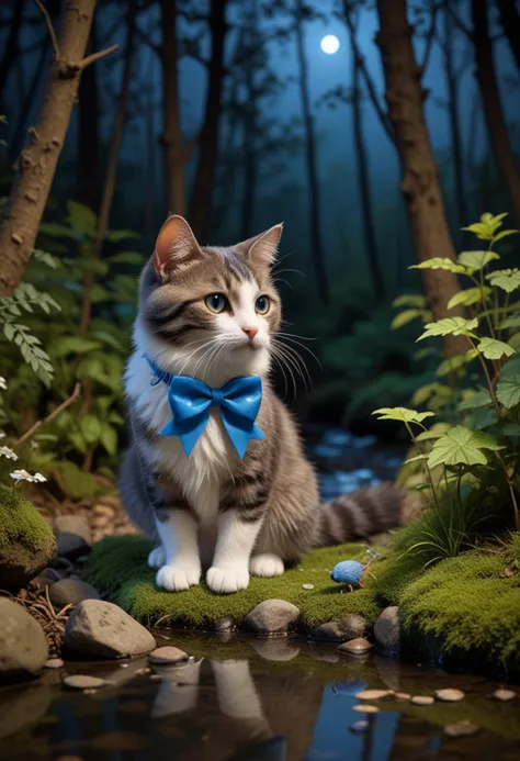 (medium full shot) of (mysterious cat), mixed fur, patched, blue, bow, set in a quiet forest with a babbling brook, chirping birds, and a peaceful ambiance, at night, while stalking a toy mouse, Masterpiece,best quality, photo, realistic, very aesthetic,