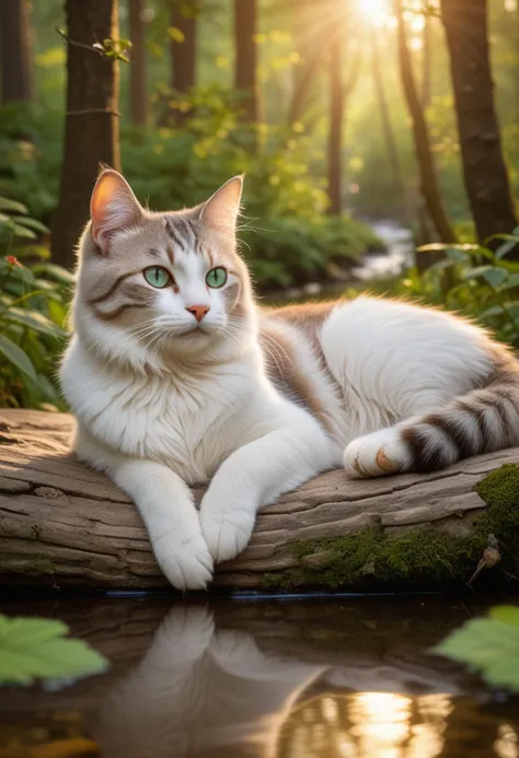 (medium full shot) of (graceful cat), tabby fur, shaded, heterochromia (one blue eye, one green eye), bow, set in a quiet forest with a babbling brook, chirping birds, and a peaceful ambiance, during sunset, while napping in a cozy bed, Masterpiece,best quality, photo, realistic, very aesthetic,
