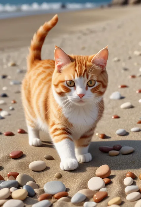 (medium full shot) of (adorable cat), ginger fur, spotted, golden, bow, set in a quiet beach with smooth pebbles, soft lighting, and a peaceful atmosphere , while stalking a toy mouse, Masterpiece,best quality, photo, realistic, very aesthetic,
