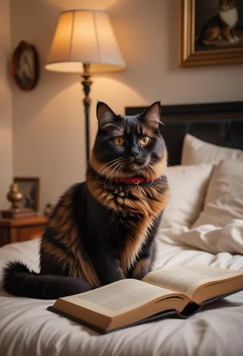 (medium full shot) of (cute cat), black fur, tortoiseshell, copper, shiny collar, set in a quiet bedroom with a fluffy bed, a reading nook, and soft lighting, while watching birds intently, Masterpiece,best quality, photo, realistic, very aesthetic,