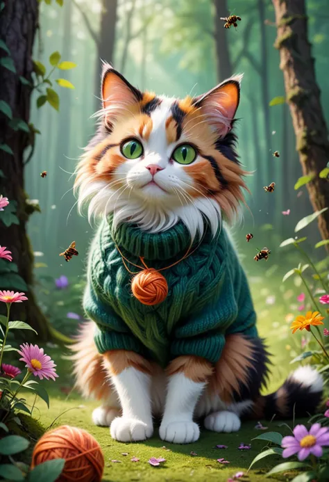 (medium full shot) of (mysterious cat), calico fur, solid, green, cute sweater, set in a vibrant forest with colorful flowers, buzzing insects, and a lively environment, while playing with a ball of yarn, Masterpiece,best quality, photo, realistic, very aesthetic,