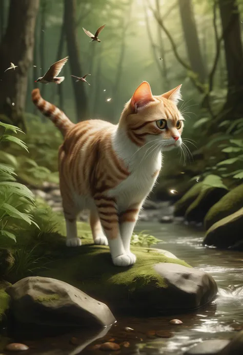(medium full shot) of (sleek cat), mixed fur, solid, hazel, tiny glasses, set in a quiet forest with a babbling brook, chirping birds, and a peaceful ambiance, while chasing a laser pointer, Masterpiece,best quality, photo, realistic, very aesthetic,