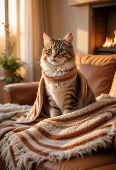 (medium full shot) of (adorable cat), mixed fur, striped, hazel, little cape, set in a warm living room with a soft couch, a crackling fireplace, and a cozy blanket, during sunset, while lounging in a sunny spot, Masterpiece,best quality, photo, realistic, very aesthetic,