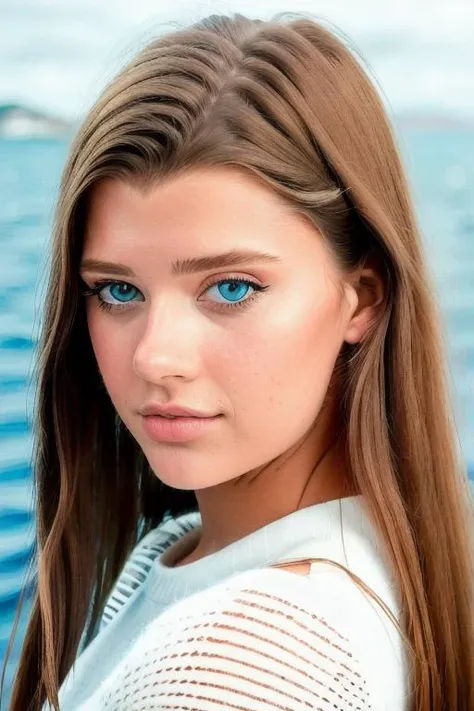 a beautiful young woman staring at you, long hair, wearing a white knitted sweater, smiling:1.2, long straight hair, on a yacht at sea, island paradise in background, (head shot, close up), (candid, amateur), (raw, 8k, uhd, fujifilm xt3), <lora:sarahMcdaniel-000008:1>