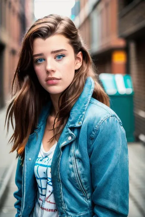 a beautiful young homeless woman staring at you from an alleyway, dishevelled jacket, boxes in background, close up, head shot, [smiling], (candid, amateur), (raw, 8k, uhd, fujifilm xt3), <lora:sarahMcdaniel-000008:1>