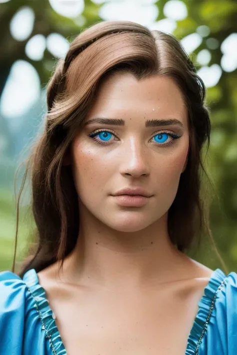 cinematic shot of a stunningly beautiful woman, in conservative medieval peasant robe, in a medieval paradise, (close up, head shot), ((stunning heterochromia, brown eye, blue eye)), [smiling:0.1], candid, amateur, (raw, 8k, uhd, fujifilm xt3),  <lora:sarahMcdaniel:1>