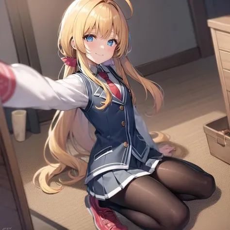 best quality, (masterpiece:1.2), illustration, absurdres,(1girl, solo), (beautiful detailed girl),<lora:Tita:0.95>, Tita Russell, blue eyes, blonde hair, long hair, ahoge, small breasts, flat chest, petite,short sweater vest,necktie,pleated miniskirt, black socks, red shoes,indoors,bed,mirror,selfie,phone,smile, blush,sidelocks,