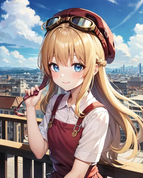 best quality, (masterpiece:1.2), illustration, absurdres,
(1girl), (solo), (beautiful detailed girl), (upper body, portrait),
<lora:TitaSky-08:0.8>, Tita Russell, blue eyes, blonde hair, long hair, small breasts, flat chest, petite,
red hat, headwear, goggles on headwear, pink shirt, red apron, pink shorts, black pantyhose, red shoes,
smile, blush, looking at viewer,
day, on balcony, city lights, sky, clouds, sun, overlooking city,