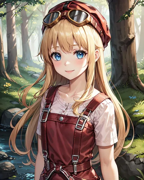 best quality, (masterpiece:1.2), illustration, absurdres,
(1girl), (solo), (beautiful detailed girl), (upper body, portrait),
<lora:TitaSky-08:0.8>, Tita Russell, blue eyes, blonde hair, long hair, small breasts, flat chest, petite,
red hat, headwear, goggles on headwear, pink shirt, red apron, pink shorts, black pantyhose, red shoes,
smile, blush, looking at viewer,
pine forest, scandinavian forest, river, rocks,
