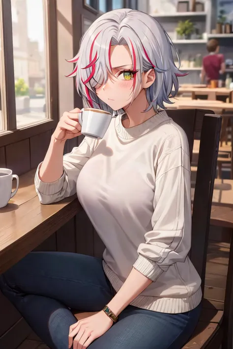(masterpiece:1.2, best quality), (finely detailed beautiful eyes: 1.2), solo focus, (ultra-detailed, hires), (modern day, beautiful detailed face, beautiful detailed eyes), 1girl, , Sofia Bulga , short hair,streaked hair , hair over one eye , , blush, large breasts , casual clothes,sweater, jeans , High contrast, beautiful elegant woman, adult, (best illumination, an extremely delicate and beautiful),(simple backround, indoors, cafe,sitting down, drinking coffee, drinking tea, ), looking at viewer,beautiful detailed glow,