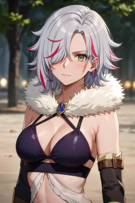 (masterpiece:1.2, best quality), (finely detailed beautiful eyes: 1.2), solo focus,    (ultra-detailed, hires),  (modern day, beautiful detailed face, beautiful detailed eyes),   1girl,  , Sofia Bulga , short hair,streaked hair ,   hair over one eye , gloves,  fur trim, fingerless gloves  , midriff , blush, large breasts , casual clothes, ,  High contrast, beautiful elegant woman, adult, (best illumination, an extremely delicate and beautiful),(simple backround, outdoors,, ), looking at viewer,beautiful detailed glow,