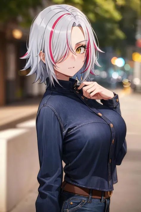 (masterpiece:1.2, best quality), (finely detailed beautiful eyes: 1.2), solo focus, (ultra-detailed, hires), (modern day, beautiful detailed face, beautiful detailed eyes), 1girl, , Sofia Bulga , short hair,streaked hair , hair over one eye , , blush, large breasts , casual clothes,sweater, jeans , High contrast, beautiful elegant woman, adult, (best illumination, an extremely delicate and beautiful),(simple backround, outdoors,, ), looking at viewer,beautiful detailed glow,