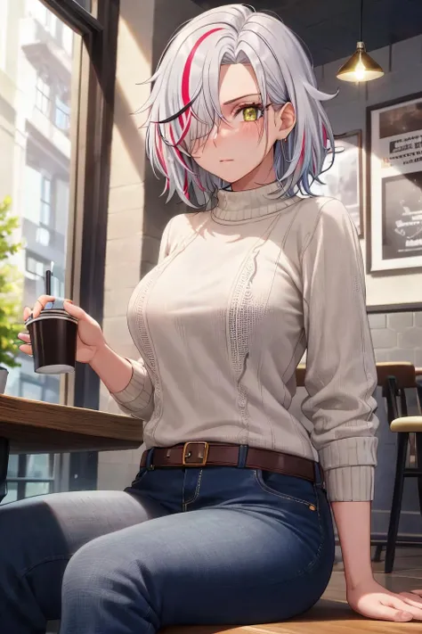 (masterpiece:1.2, best quality), (finely detailed beautiful eyes: 1.2), solo focus, (ultra-detailed, hires), (modern day, beautiful detailed face, beautiful detailed eyes), 1girl, , Sofia Bulga , short hair,streaked hair , hair over one eye , , blush, large breasts , casual clothes,sweater, jeans , High contrast, beautiful elegant woman, adult, (best illumination, an extremely delicate and beautiful),(simple backround, indoors, cafe,sitting down, drinking coffee, drinking tea, ), looking at viewer,beautiful detailed glow,