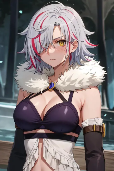 (masterpiece:1.2, best quality), (finely detailed beautiful eyes: 1.2), solo focus, (ultra-detailed, hires), (modern day, beautiful detailed face, beautiful detailed eyes), 1girl, , Sofia Bulga , short hair,streaked hair , hair over one eye , gloves, fur trim, fingerless gloves , midriff , blush, large breasts , casual clothes, , High contrast, beautiful elegant woman, adult, (best illumination, an extremely delicate and beautiful),(simple backround, outdoors,, ), looking at viewer,beautiful detailed glow,