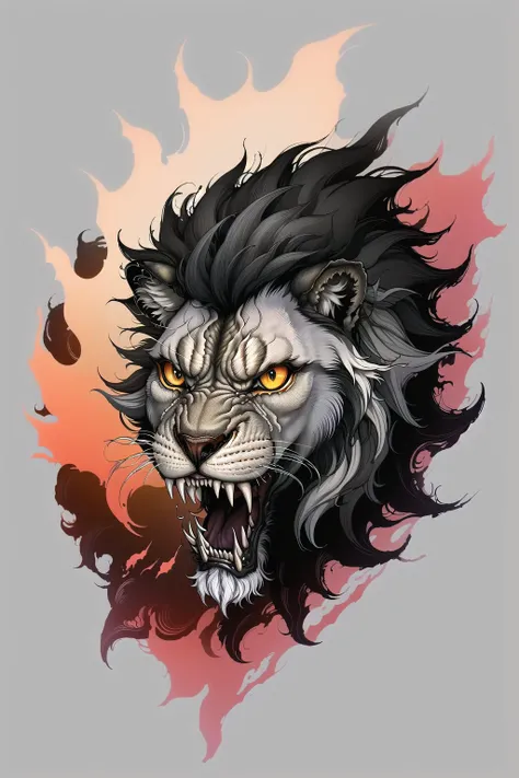 lineart 2d tattoo, <lyco:Black Tattoo Style:0.7>, growling lion, claws, paw, plain white background, vibrant, colorful, drawing, animalistic, animal, large (male lion:1.2), grey and red