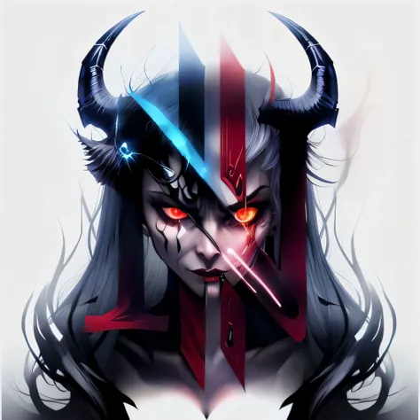 portrait, beautiful strong (adult) female, demon, evil, horns, glowing eyes <lyco:BLTA2:0.8>