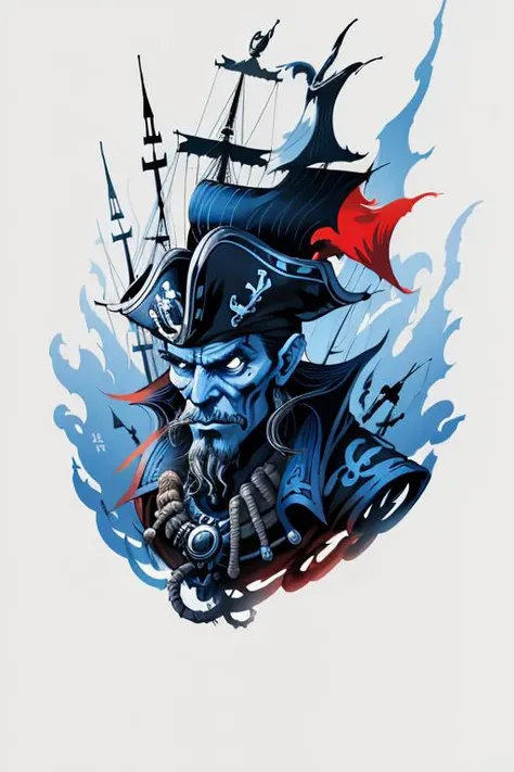 <lyco:BLTA2:0.8> A pirate, blue and white and red, portrait ,BLTA,