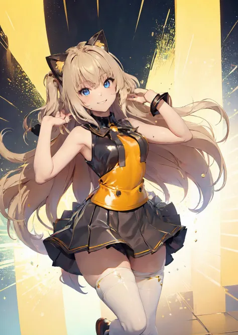 (masterpiece, best quality:1.4),1girl,looking at viewer,big smile,pose,standing,long hair ,<lora:Seeu_Vocaloid:1>,blue eyes,blonde hair,cat ears,miniskirt,pleated skirt,white thighhighs,jewelry,zettai ryouiki,bracelet,bow,bare shoulders,headset,sleeveless,grey skirt,sleeveless shirt,Yellow shoes,yellow shirt,((latex clothes)) <lora:MagicLoRA3D:0.6>