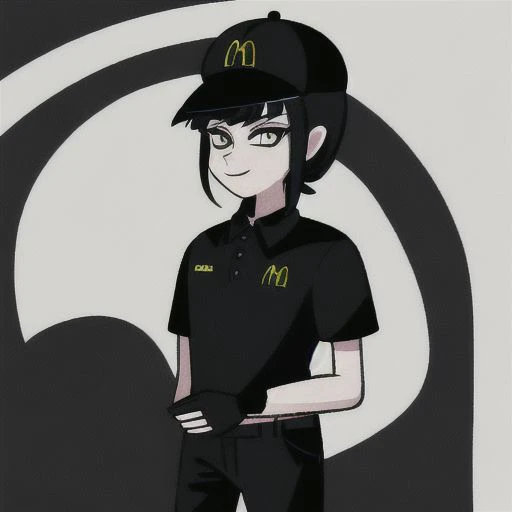 (illustration), shadowheart, McDonaldsUniform, shirt, black shirt, uniform, black pants, pants, cap