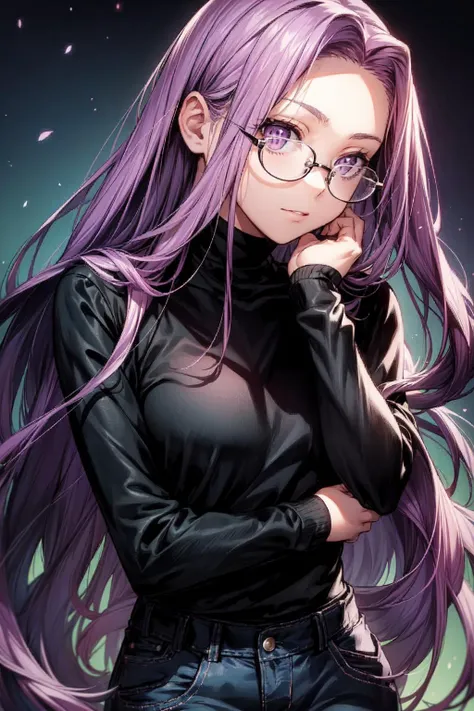thick outlines, comics, photorealistic, masterpiece:1.2, 1girl, solo, small breast, <lora:Medusa:1>, MedCas, glasses, purple eyes, very long hair, purple hair, turtleneck black sweater, blue jeans, detailed background, detailed face, detailed eyes, <lora:add_detail:0.7>