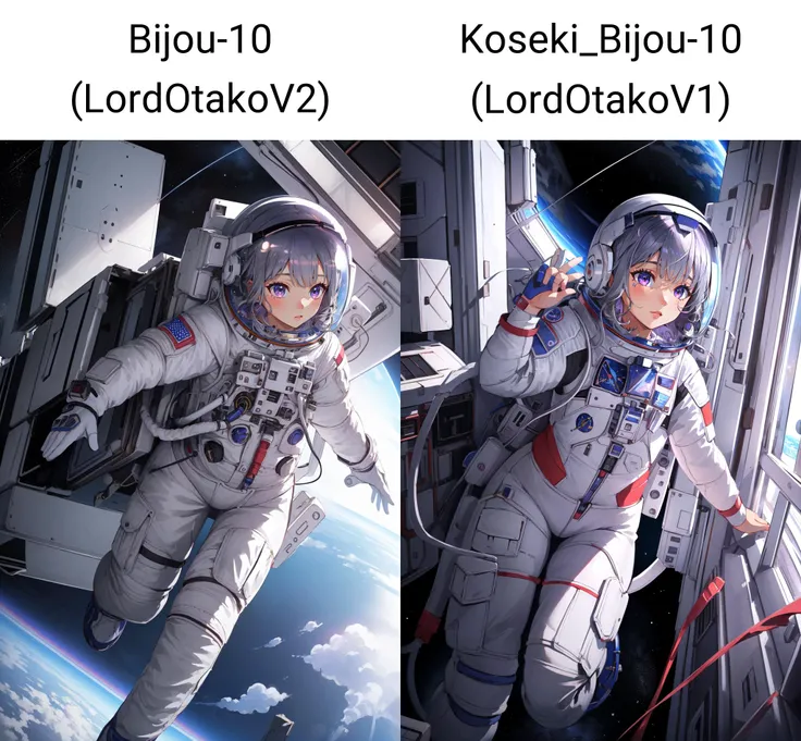 (masterpiece, best quality), intricate details,
1girl, <lora:Bijou-10 (LordOtakoV2):0.8> bijou, silver hair, purple eyes,
<lora:clothesSpacesuit_v10:0.8> spacesuit, astronaut, inside space ship, window, stars, space, planet in background, floating, low gravity,