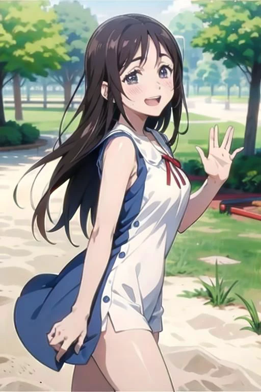 Walking, (Covered nipples: 1.0) , ( in the crowded park : 1.3) ,
( blush,embarrassed :1.1) , waving hands,
( masterpiece:1.1), blue Onepiece dress,
Skin tight, in the sandbox,
RikaOrimoto, collar, ribbon ,long hair,
Helter-skelter, slide, see-saw,