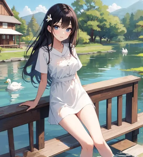 proper pretty slim female. on wooden bridge. ducks swimming in lake . good eyes. pretty face. sunny. max detail. good quality. detail clothes.