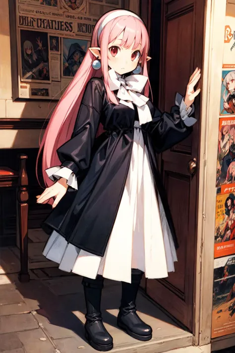 thick outlines, comics, photorealistic, 1girl, solo, full body shot, <lora:Witch-10v5:0.6>, Witch, long pink hair, pointy ears, red eyes, black dress, white hair ribbon, white hairband, long sleeves, earrings, black boots, castle, detailed background, detailed face, detailed eyes, <lora:add_detail:0.7>