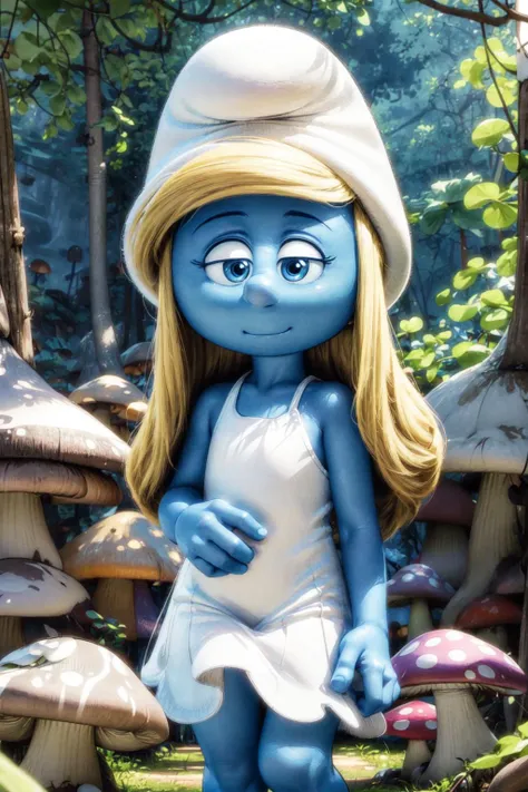 thick outlines, comics, photorealistic, 1girl, solo, girl, short girl, miniaturised, flat chest, <lora:smurfette1-10:0.8>, Smurfette, blonde hair, long hair, colored skin, blue skin, hat, white dress, forest, mushroom houses, detailed background, detailed face, detailed eyes, <lora:add_detail:0.7>
