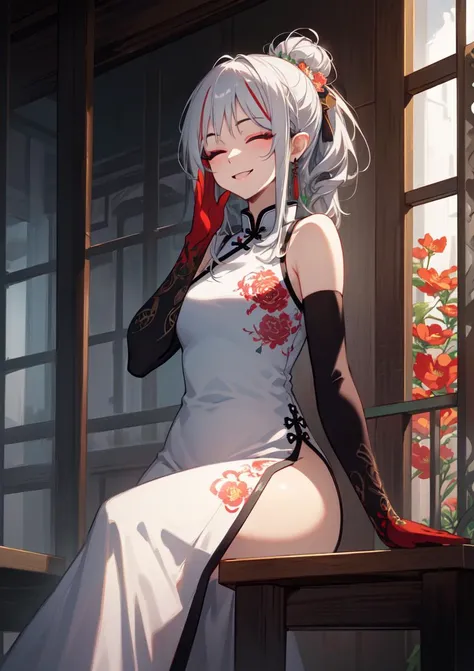 (extremely detailed CG unity 8k wallpaper),(masterpiece), (best quality), (ultra-detailed), (best illustration),(best shadow), (sharp eyeliner, eyeshadow, detailed eyes:1.1), open field, flower field, closed eyes, smile, sitting, waving, crossed legs, <lora:å¹´v2(两å¥è¡£æorigen,china dress):0.8> , china dress,