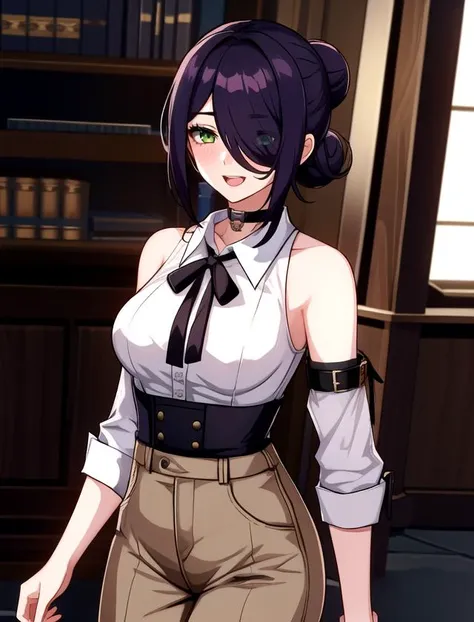 1girl, ((cowboy shot)), perfect face, solo, looking at viewer,
bare shoulders, black choker, black hair, breasts, choker, collared shirt, green eyes, hair bun, hair over one eye, looking at viewer, medium breasts, medium hair, open mouth, reze \(chainsaw man\), ribbon, shirt, sleeveless, sleeveless shirt, smile, solo, white shirt, CHAR-F Chainsaw Man Reze,
<lora:HonkaiSR-000005:0.9>