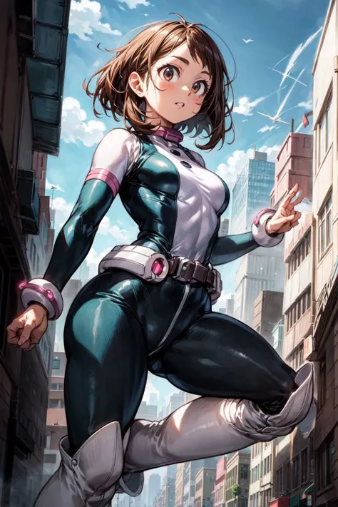 thick outlines, comics, photorealistic, masterpiece:1.2, 1girl, solo, small breast, levitate, <lora:ochako v1:0.6>, ochako, brown hair, bodysuit, boots, belt, disused building, street, city, detailed background, detailed face, detailed eyes, <lora:add_detail:0.7>