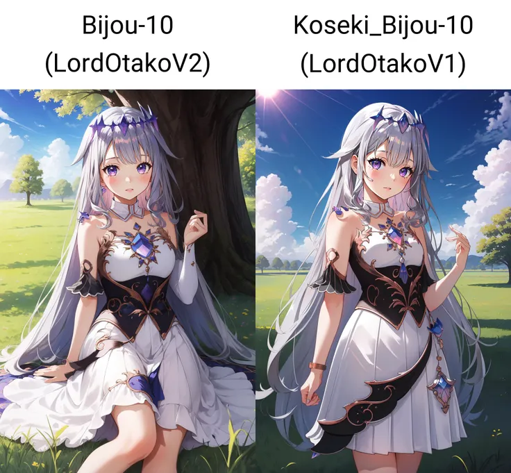 (masterpiece, best quality), intricate details,
1girl, <lora:Bijou-10 (LordOtakoV2):0.8> bijou, silver hair, purple eyes,
grassy field, tree, sun, clouds,