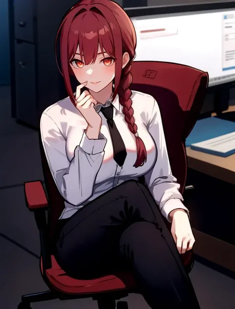 1girl, ((cowboy shot)), perfect face, solo, looking at viewer,
CHAR-F Chainsaw Man Makima, indoors, office, (empty eyes), evil, evil atmosphere,
1girl, black necktie, black pants, braid, breasts, orange eyes, closed mouth, collared shirt, lips, long sleeves, looking at viewer, medium breasts, necktie, pants, red hair, ((ringed eyes)), shirt, simple background, solo, ((sitting, office chair, crossed legs)), white background, white shirt, makima chainsaw man, highres,
<lora:HonkaiSR-000005:0.9>