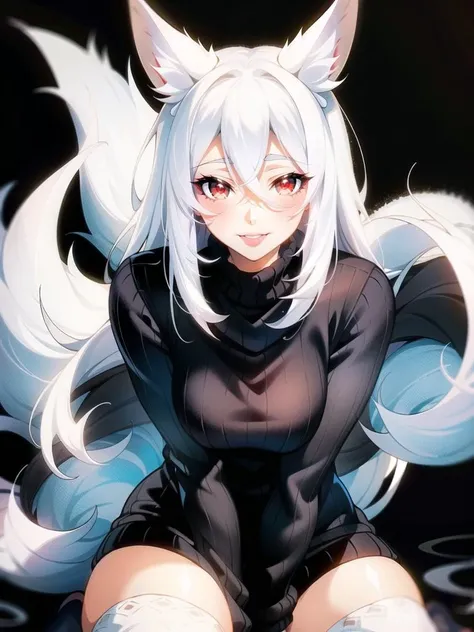 (BLACK BACKGROUND:1.2), (MATURE WOMEN,SOLO:1.4),(WHITE FOX EARS:1.4),WAVY WHITE LONG HAIR,DARK RED EYES,BEATIFUL EYES,HIGHLY DETAILED EYES,(THICK LOWER LIP:1.2),(BODYCON KNIT WOOL SWEATER,TIGHTS WOOL LEGWEAR:1.2), SMILE, SEDUCTIVE