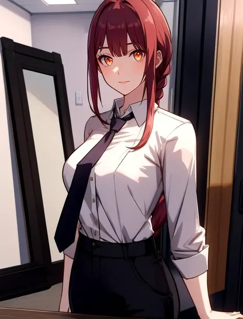 makima, makima, long hair, smile, closed mouth bangs, medium breasts, (yellow eyes:1.2), braid, red hair, braided ponytail, ringed eyes, BREAK shirt, long sleeves, jacket, white shirt, necktie, collared shirt, pants, black jacket, black blazer, black pants, formal, suit, black necktie, shirt tucked in, office lady, BREAK indoors, office, BREAK looking at viewer, cowboy shot BREAK (masterpiece:1.2), best quality, high resolution, unity 8k wallpaper, (illustration:0.8), (beautiful detailed eyes:1.6), extremely detailed face, perfect lighting, extremely detailed CG, (perfect hands, perfect anatomy),