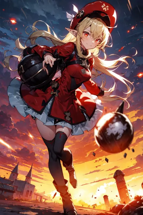 1girl, solo, evil smile, dynamic pose, holding a bomb, it's raining bombs, red round bombs, explosions, <lora:Adult_Klee_Genshin:0.7>, Adult_Klee_Genshin, pointy ears, red hat, blonde, outdoors, medieval town, <lora:add_detail:0.7>,