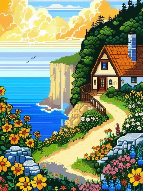 pixel art, 32 bit, a small countryside cottage perched on the edge of a towering cliff overlooking a vast ocean. The scene is bathed in warm golden light as the sun sets, creating a sense of peaceful solitude and wonder. The cottage is surrounded by lush greenery and colorful wildflowers, adding to the picturesque beauty. The level of detail is extraordinary, with intricate texture that brings the entire scene to life  <lora:pixel_art_lora:1.0>