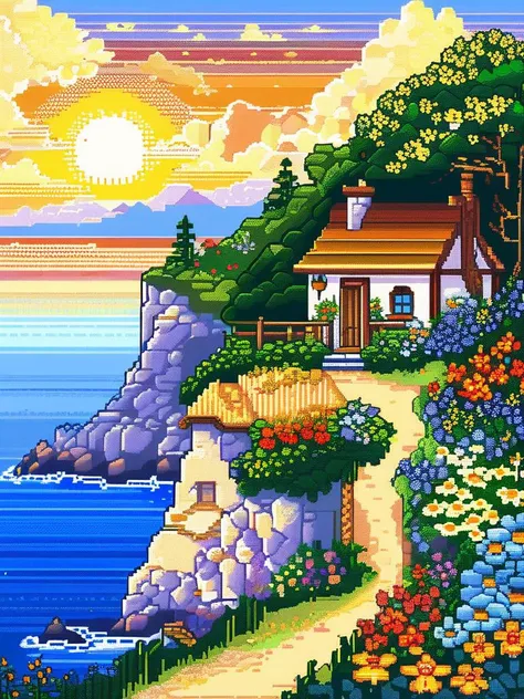 pixel art, 32 bit, a small countryside cottage perched on the edge of a towering cliff overlooking a vast ocean. The scene is bathed in warm golden light as the sun sets, creating a sense of peaceful solitude and wonder. The cottage is surrounded by lush greenery and colorful wildflowers, adding to the picturesque beauty. The level of detail is extraordinary, with intricate texture that brings the entire scene to life  <lora:pixel_art_lora:1.0>