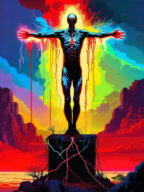 pixel art, 64 bit, fighting game style masterpiece, best quality, ultra realistic,32k,RAW photo, detail skin, 8k uhd, dslr, high quality, film grain, \nShort and messy hair, dynamic, vibrant, action-packed, detailed character design, reminiscent of fighting video games, black bloody veins growing and intertwining out of the darkness, oozing thick neon rainbow blood, veins growing and pumping blood, vascular networks growing, connecting, expanding, red veins everywhere, zdzislaw beksinski, (vibrant colors:1.1), (Repetition:1.1), (Cross-hatching:1.1), (Infrared:1.2), Rust, Hypercube, ultra detailed, intricate, oil on canvas, ((dry brush, ultra sharp)), (surrealism:1.1), (disturbing:1.1), beksinski style painting, sparks, lens flare, rim lighting, backlighting, RTX, Post Processing, satanic cross, man body, muscular, venom costume, (Pixel Art:1.5), highly detailed <lora:pixel_art_lora:1.0>