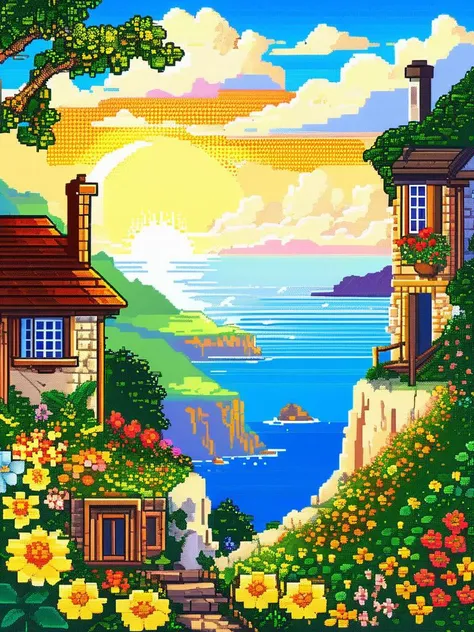 pixel art, 32 bit, a small countryside cottage perched on the edge of a towering cliff overlooking a vast ocean. The scene is bathed in warm golden light as the sun sets, creating a sense of peaceful solitude and wonder. The cottage is surrounded by lush greenery and colorful wildflowers, adding to the picturesque beauty. The level of detail is extraordinary, with intricate texture that brings the entire scene to life  <lora:pixel_art_lora:1.0>