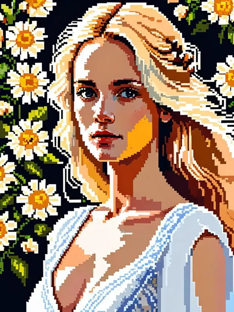 portrait of a woman with blonde hair, wearing a white summer dress, Pixel Art, highly detailed <lora:pixel_art_lora:0.5>