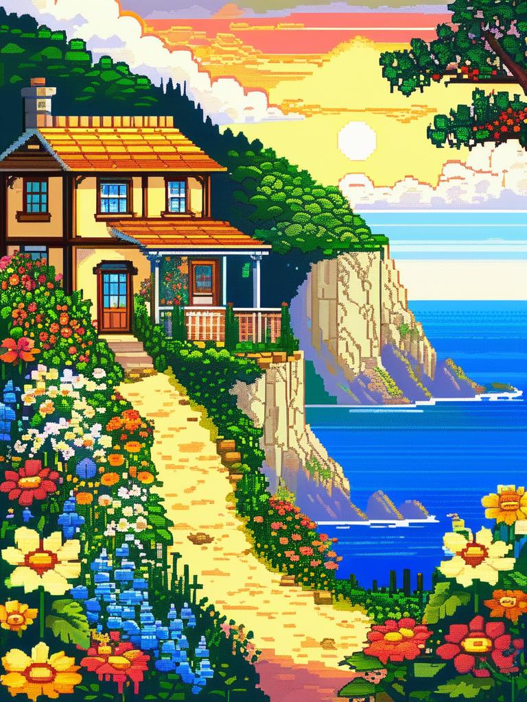 A painting of a house on the shore with flowers and trees - SeaArt AI